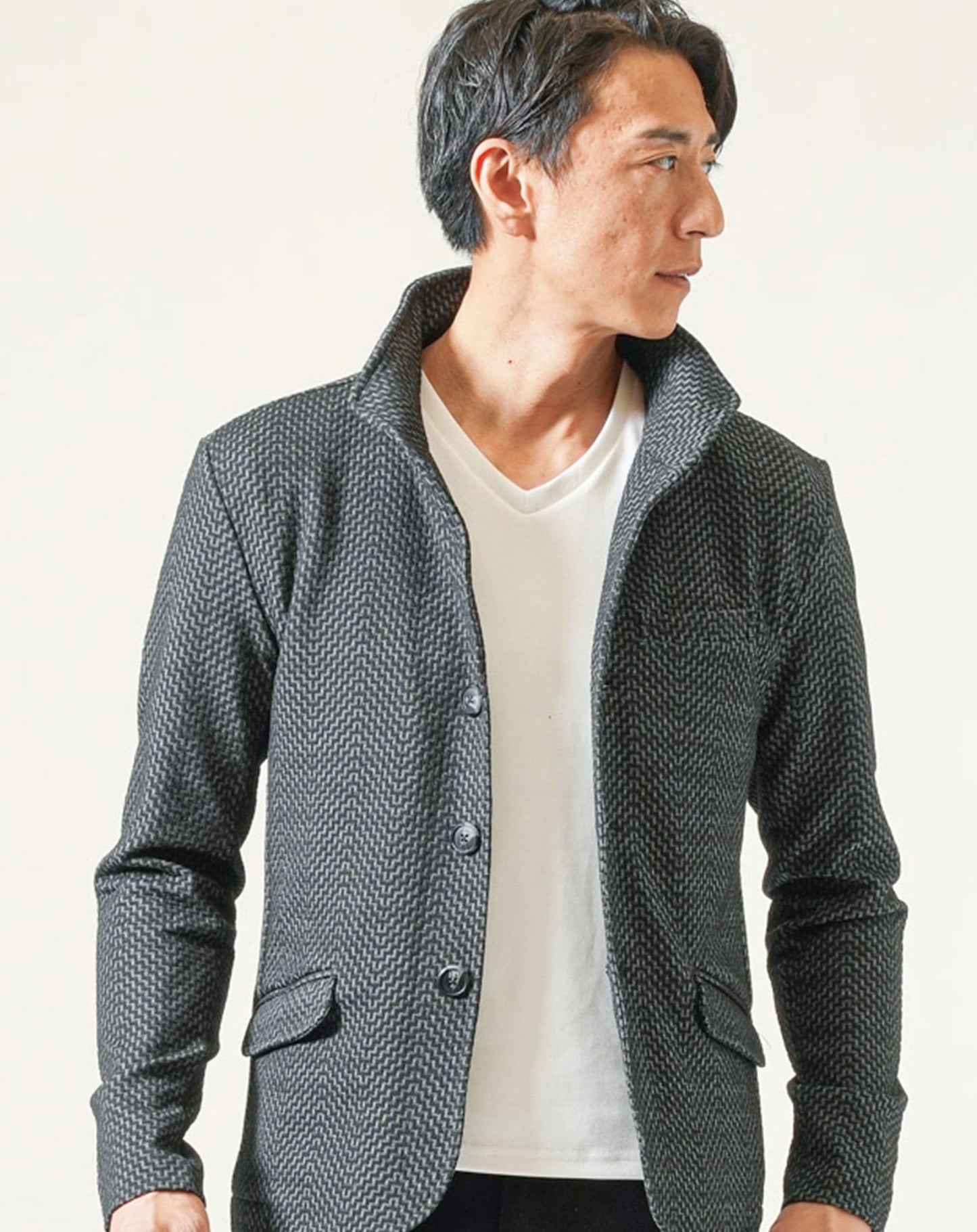 膨れジャガードワイヤー入りイタリアンスタンドカラー長袖ジャケット