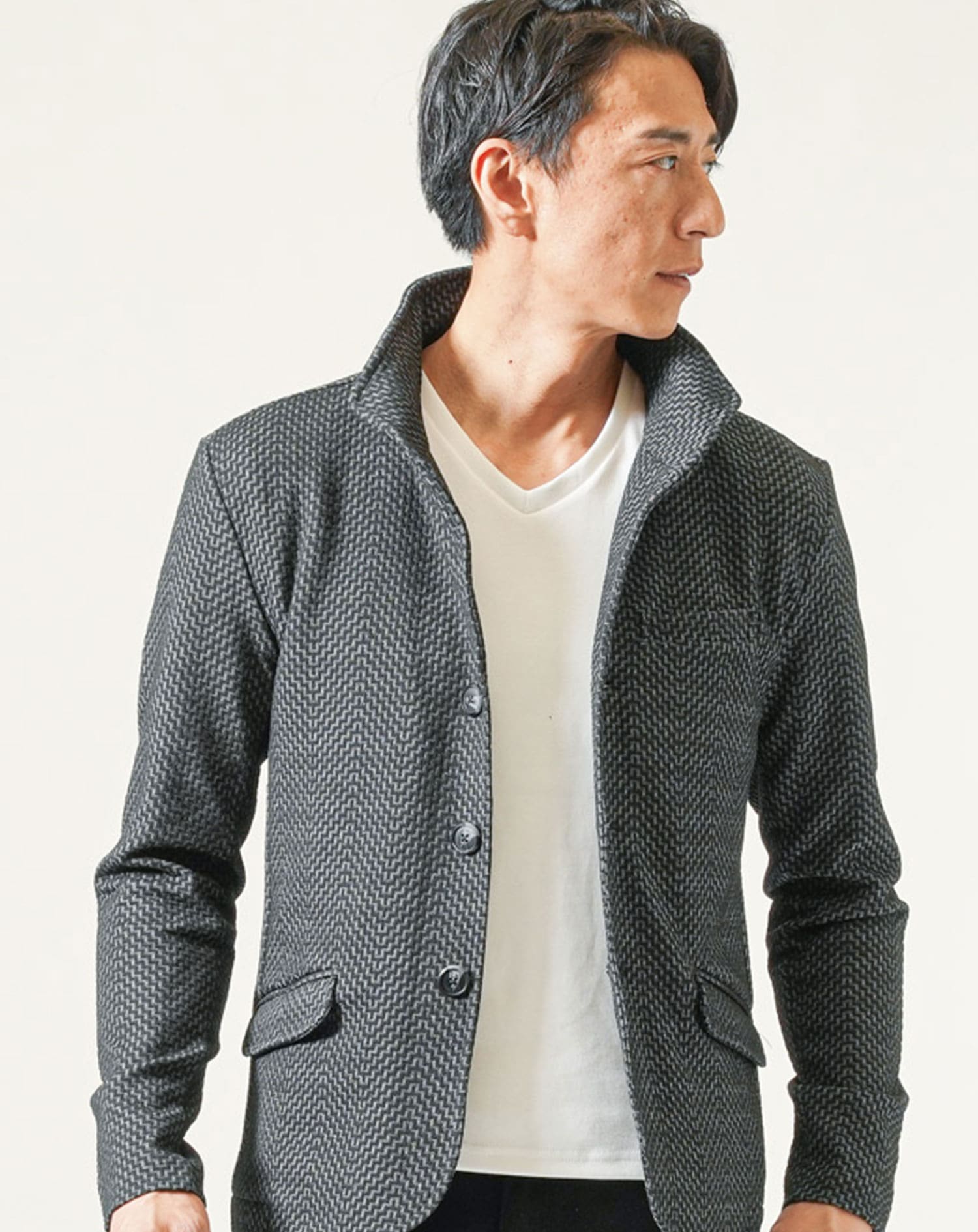 膨れジャガードワイヤー入りイタリアンスタンドカラー長袖ジャケット