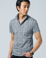 千鳥・グレンチェックワイヤー入りスタンドカラー半袖ポロシャツ