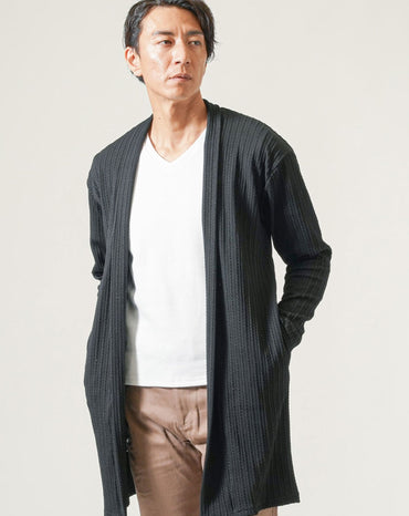 膨れストライプ長袖ロングカーディガン