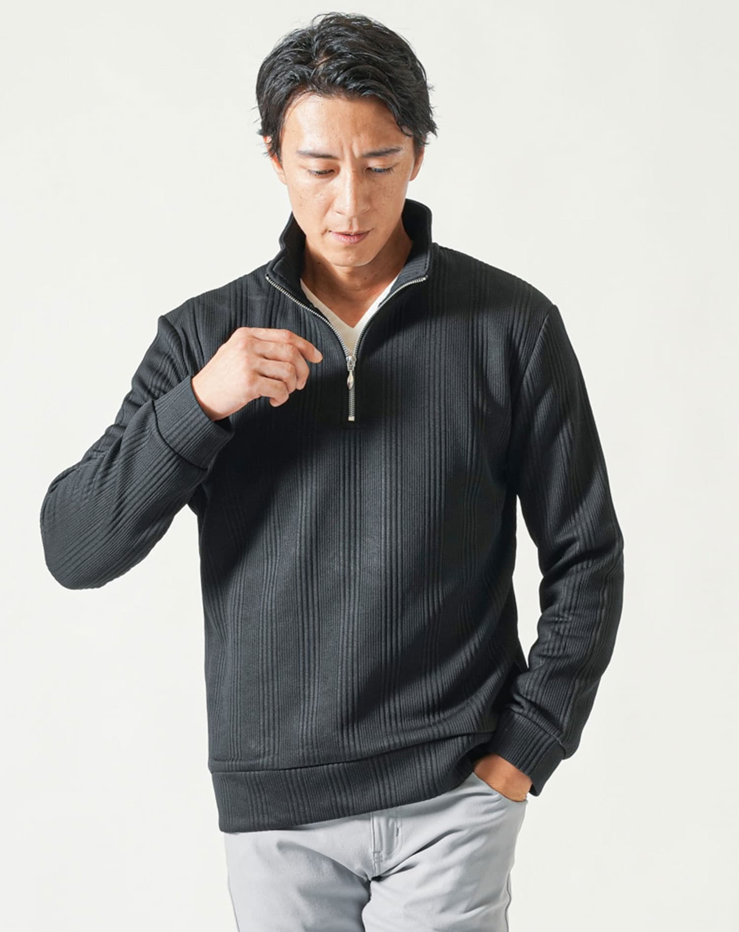 ランダムテレコハーフジップスタンド長袖アウター