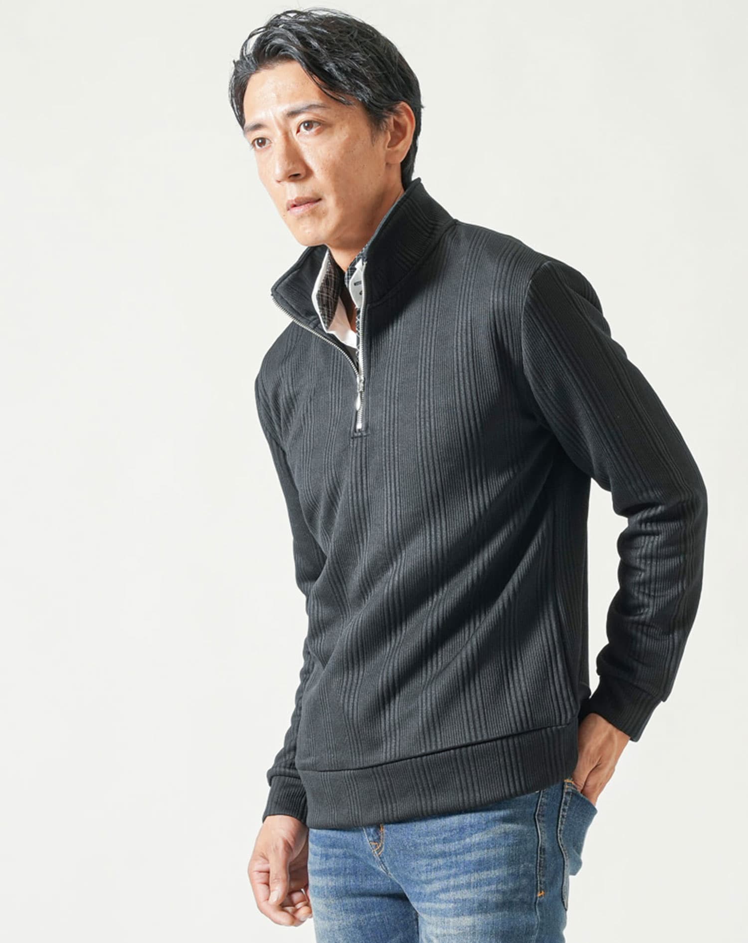 ランダムテレコハーフジップスタンド長袖アウター