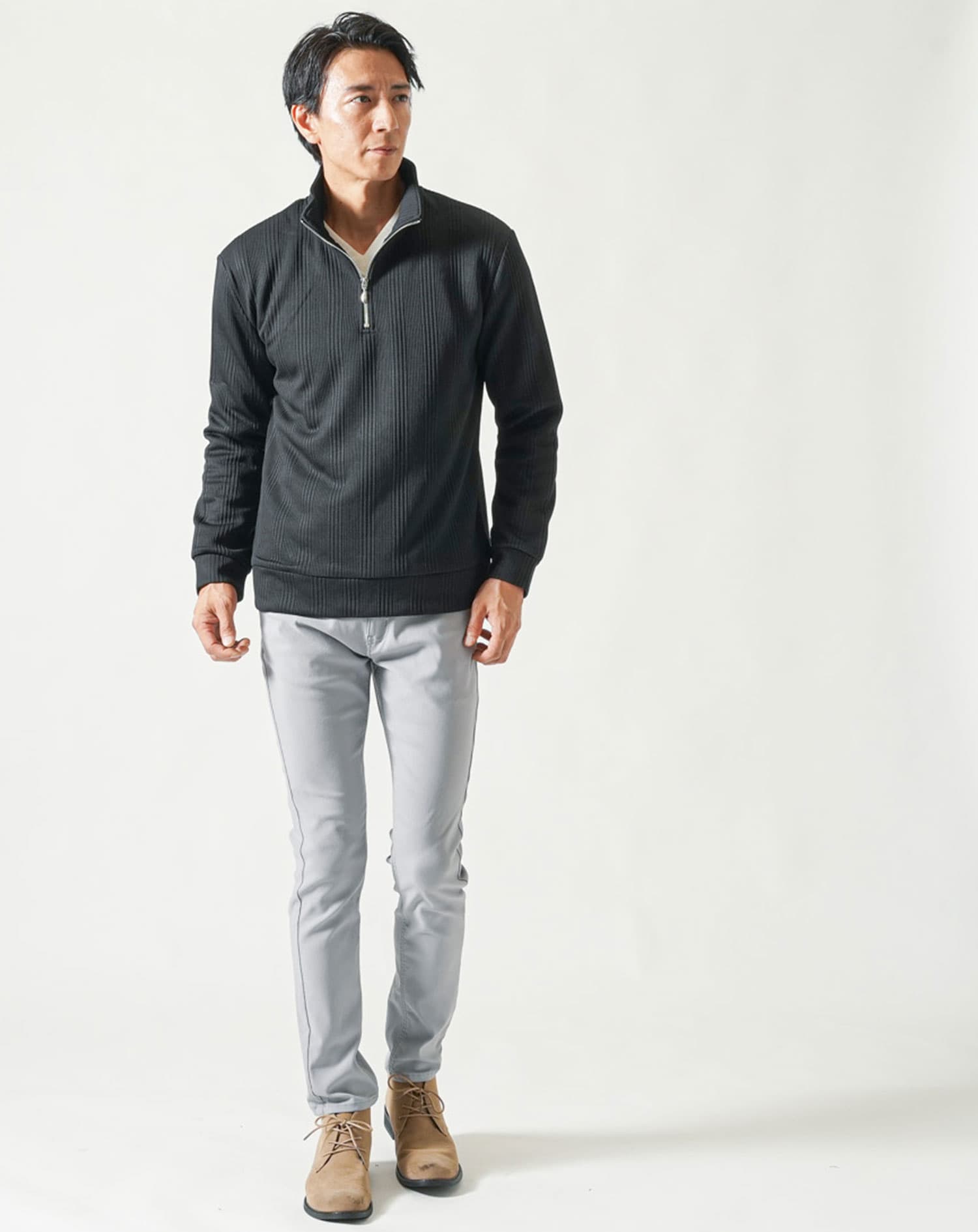 ランダムテレコハーフジップスタンド長袖アウター