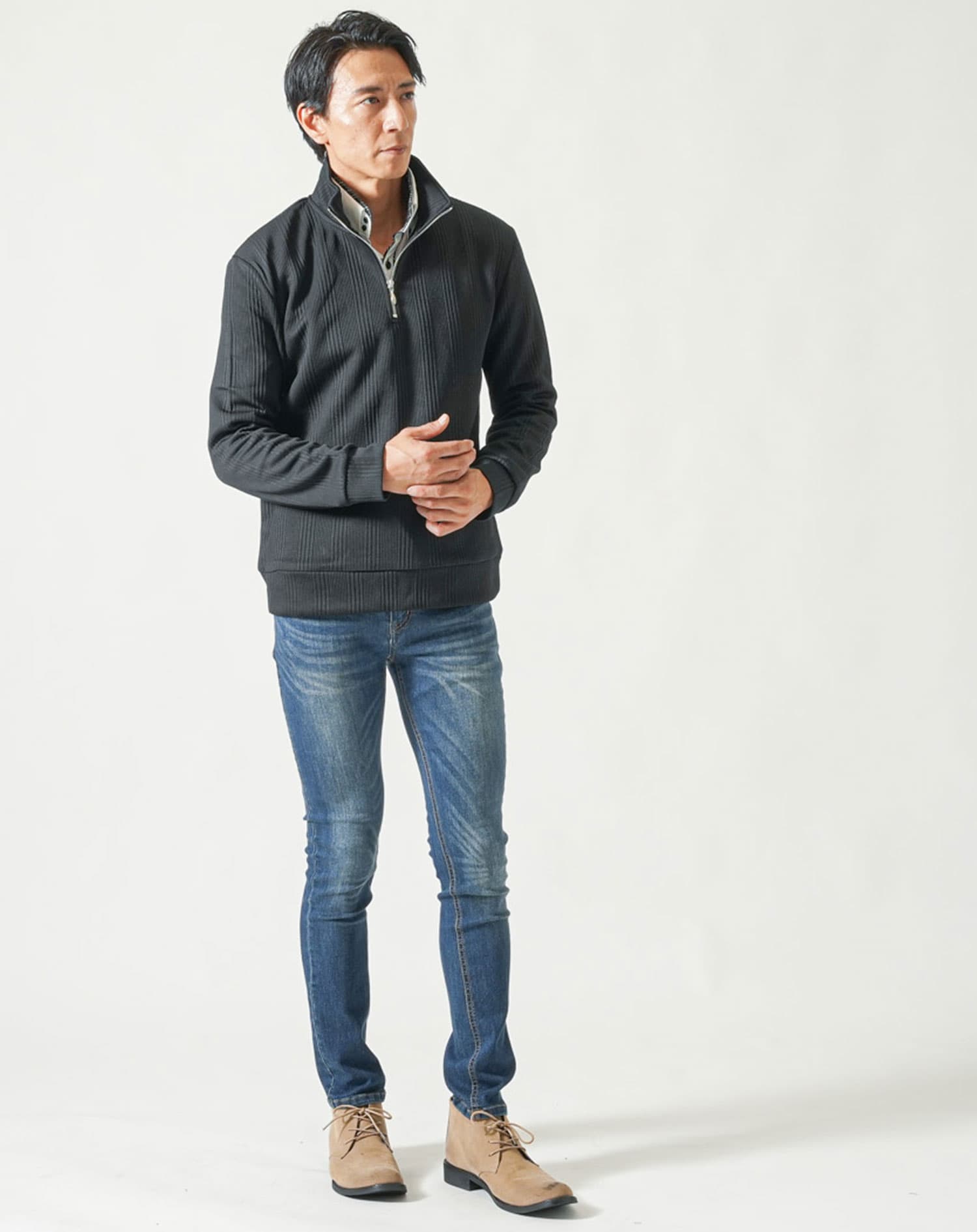 ランダムテレコハーフジップスタンド長袖アウター