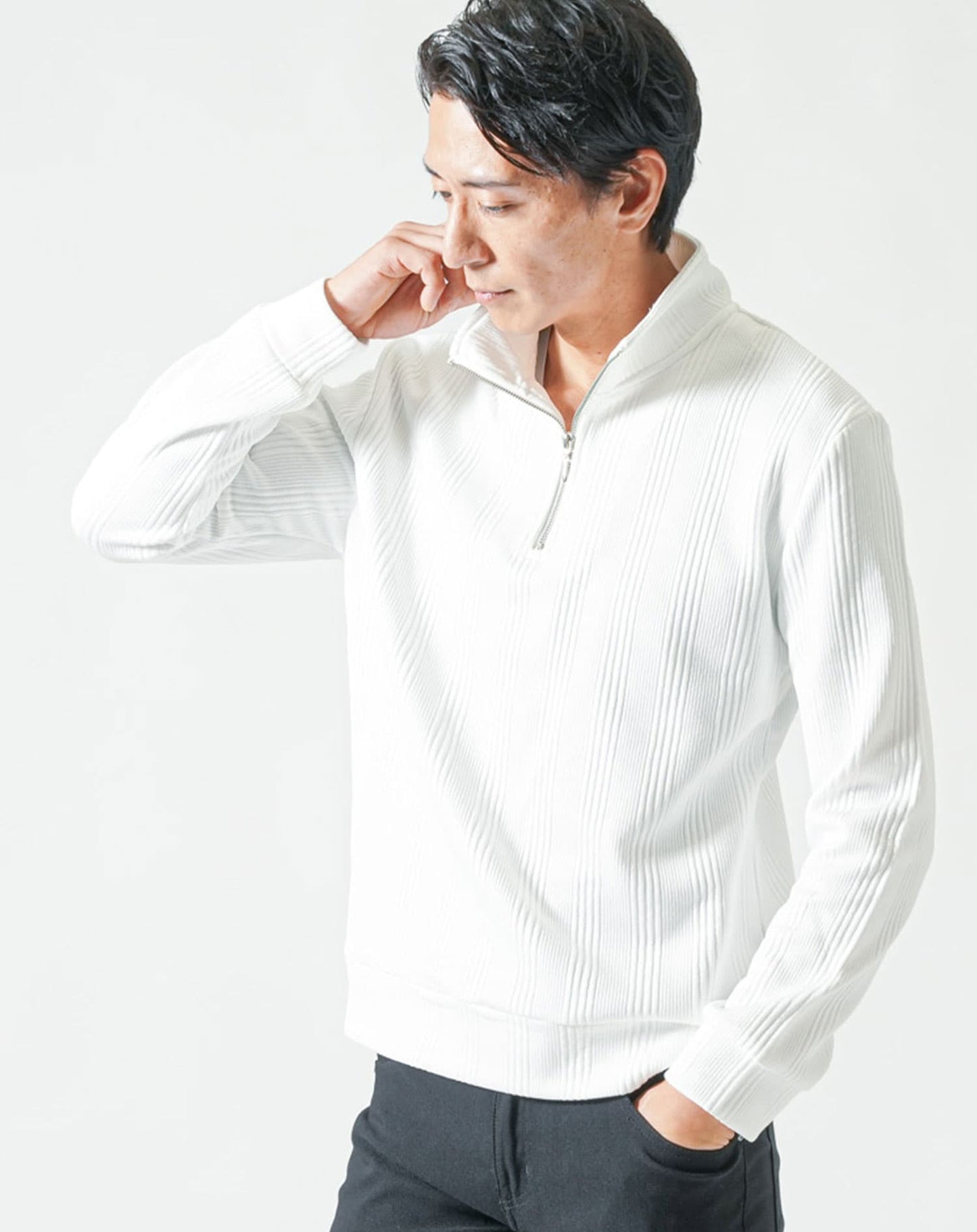 ランダムテレコハーフジップスタンド長袖アウター