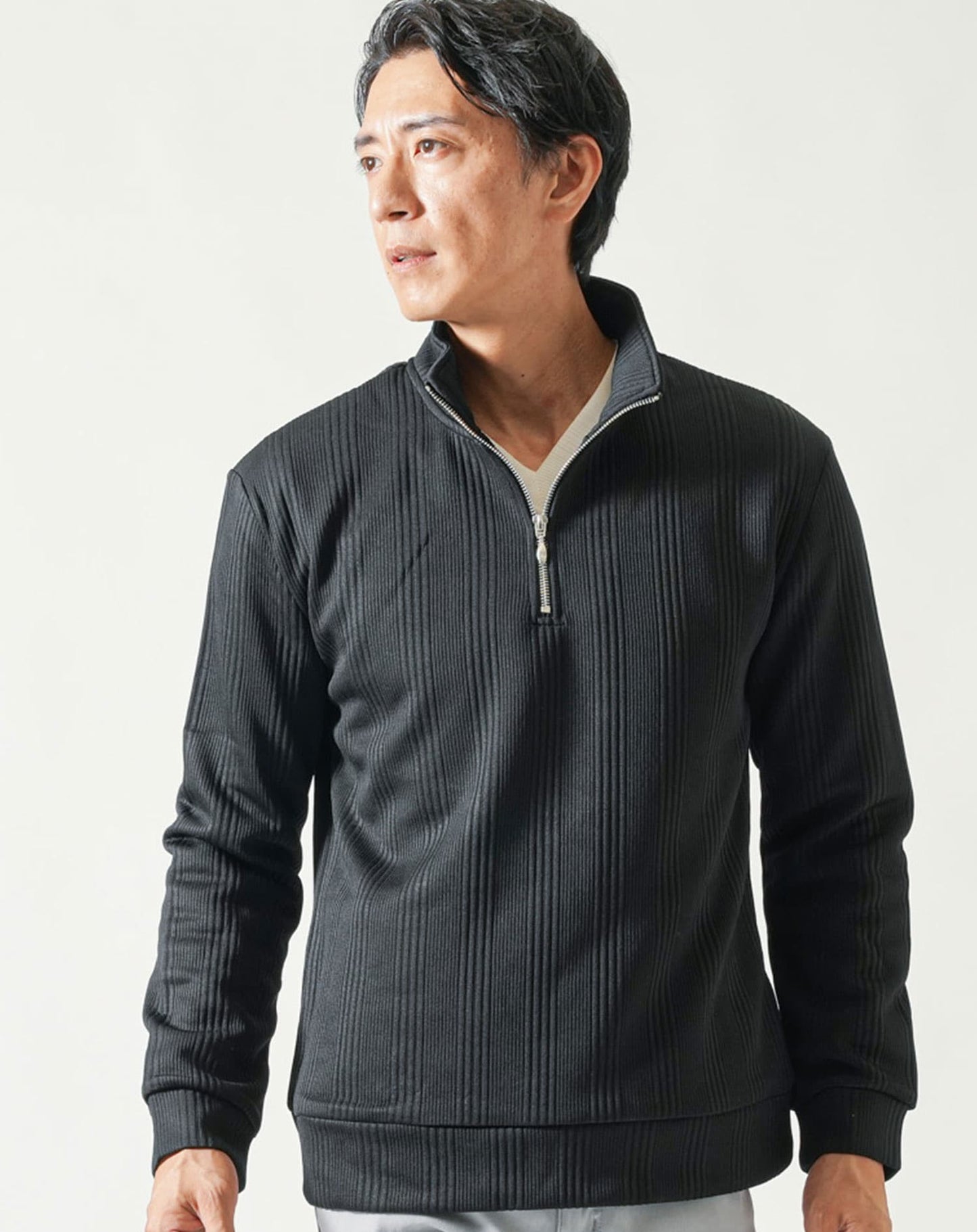 ランダムテレコハーフジップスタンド長袖アウター