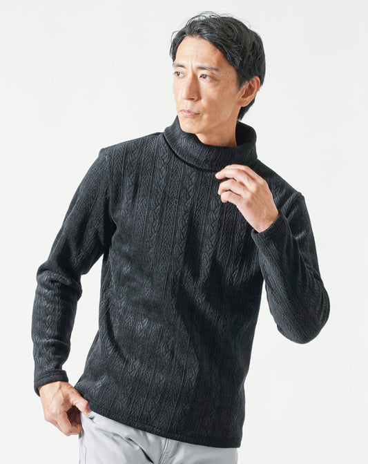モール裏起毛ケーブル柄タートルネック長袖ニット