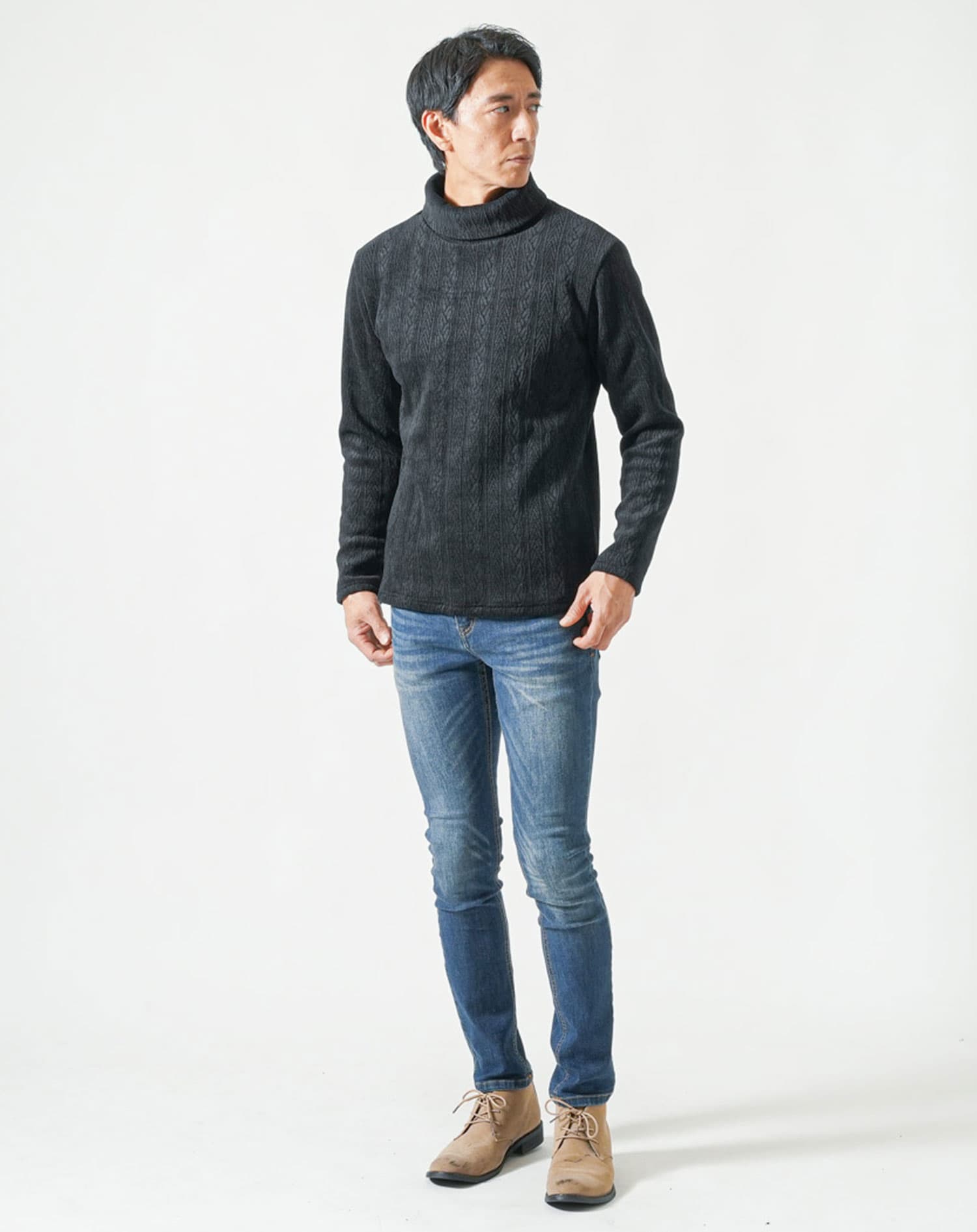 モール裏起毛ケーブル柄タートルネック長袖ニット