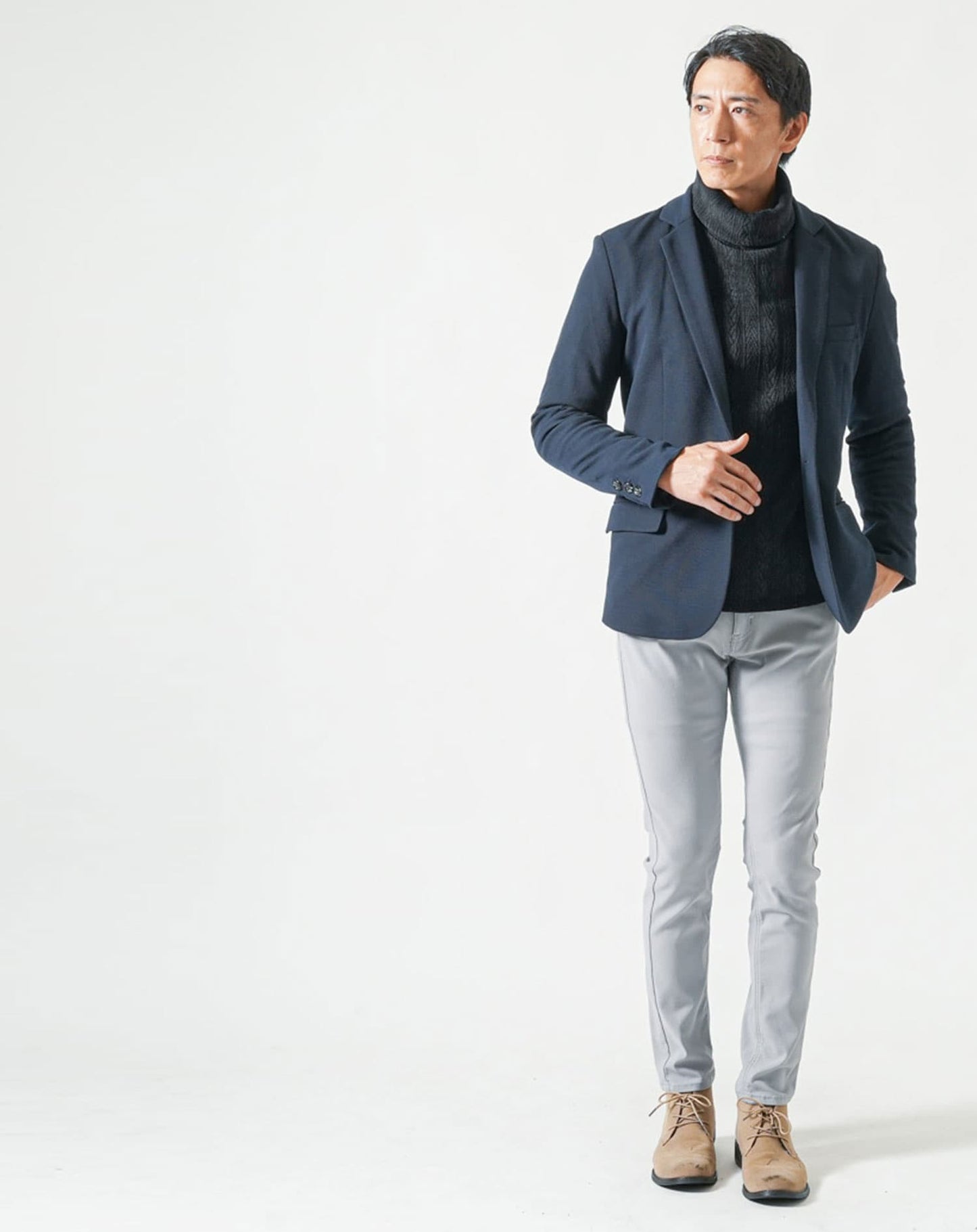 モール裏起毛ケーブル柄タートルネック長袖ニット