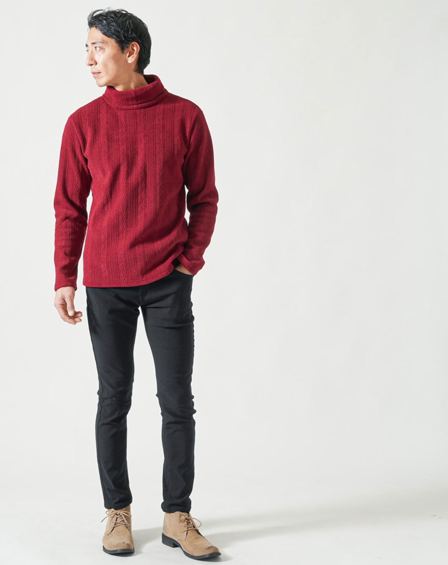 モール裏起毛ケーブル柄タートルネック長袖ニット