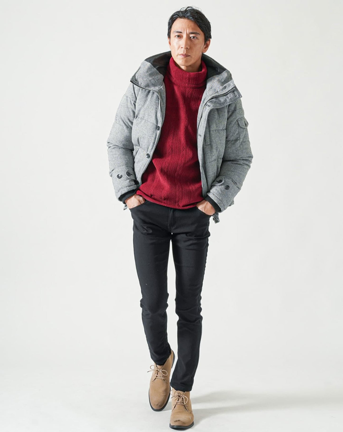 モール裏起毛ケーブル柄タートルネック長袖ニット