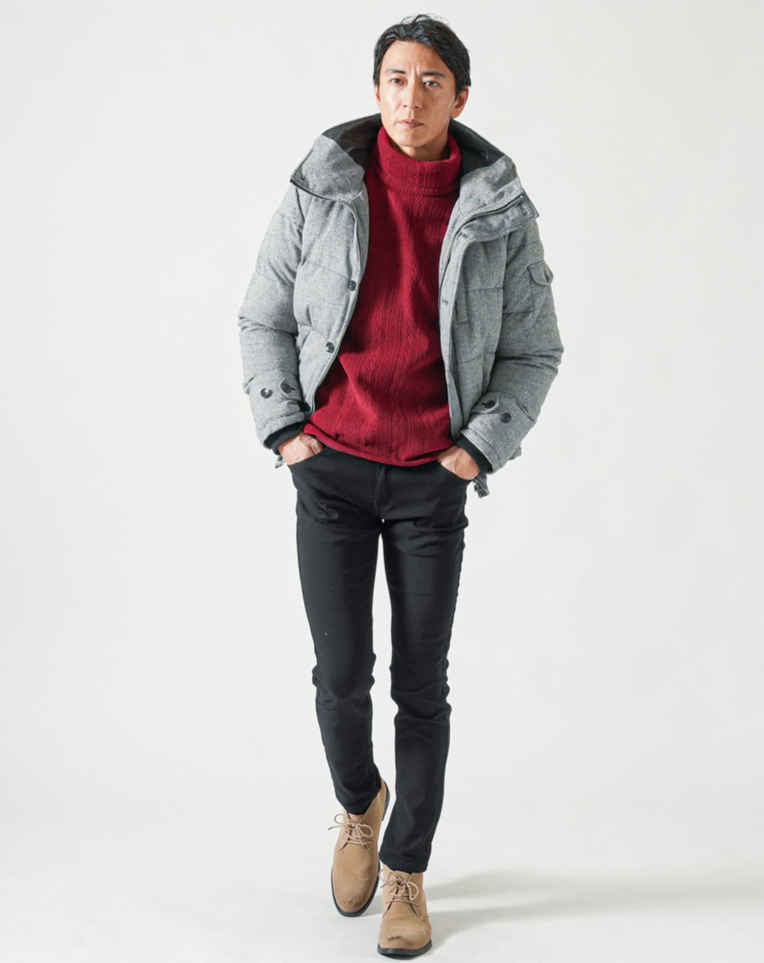 モール裏起毛ケーブル柄タートルネック長袖ニット