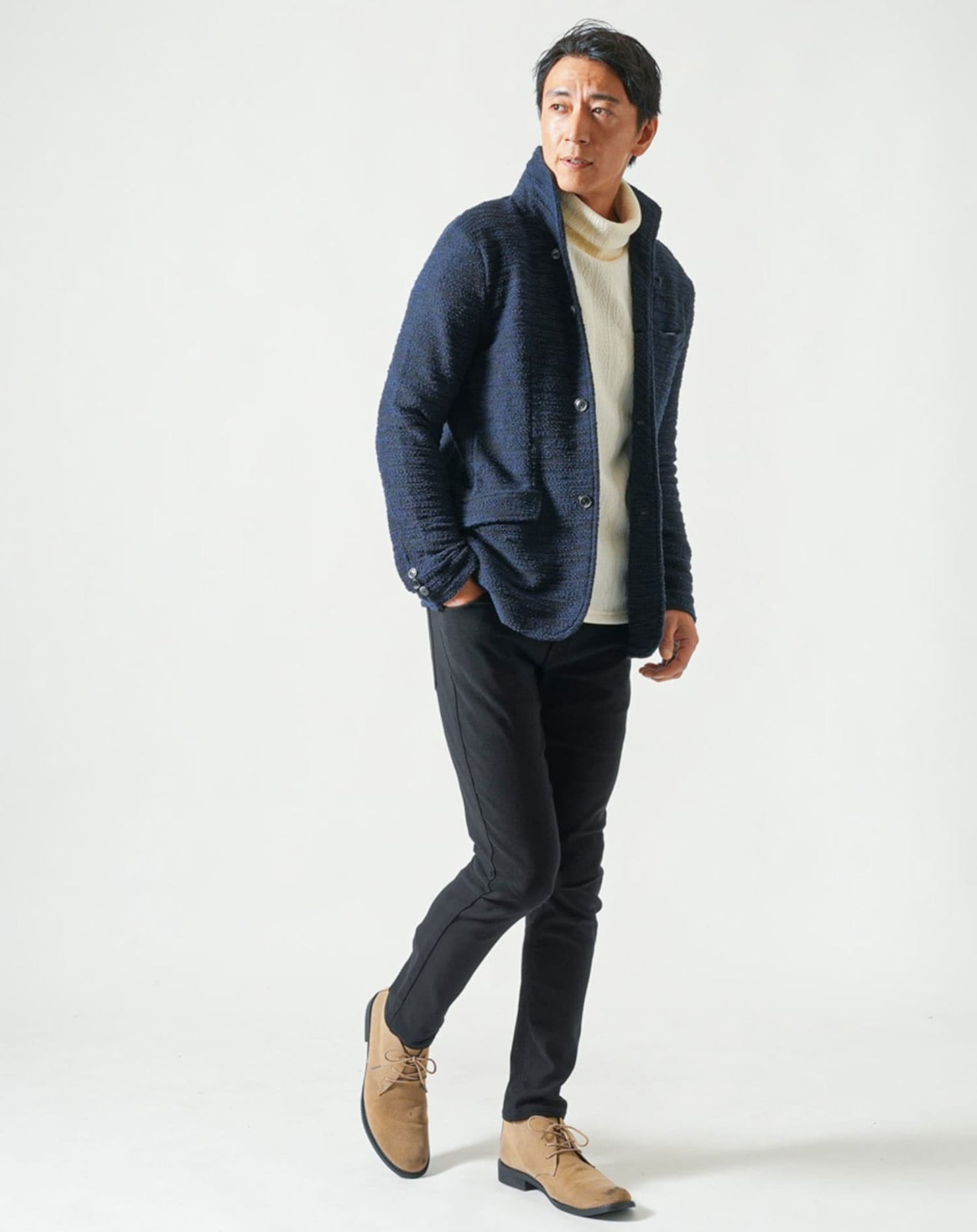 モール裏起毛ケーブル柄タートルネック長袖ニット