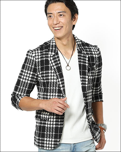 ワッフル素材シェパードチェック７分袖テーラードジャケット
