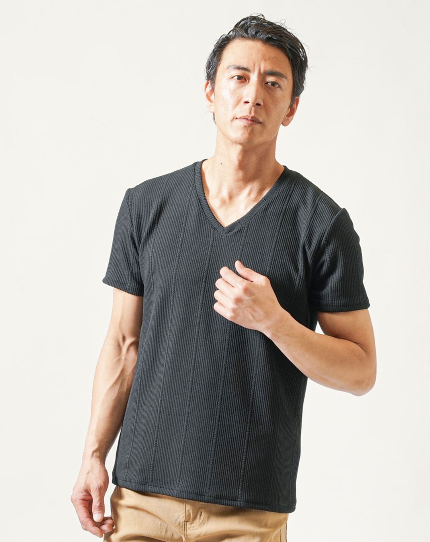 ちぢれストライプスリムフィット半袖VネックTシャツ Tシャツ