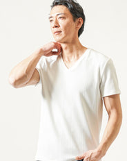 ちぢれストライプスリムフィット半袖VネックTシャツ