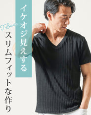 ストライプジャガード半袖スリムストレッチVネック