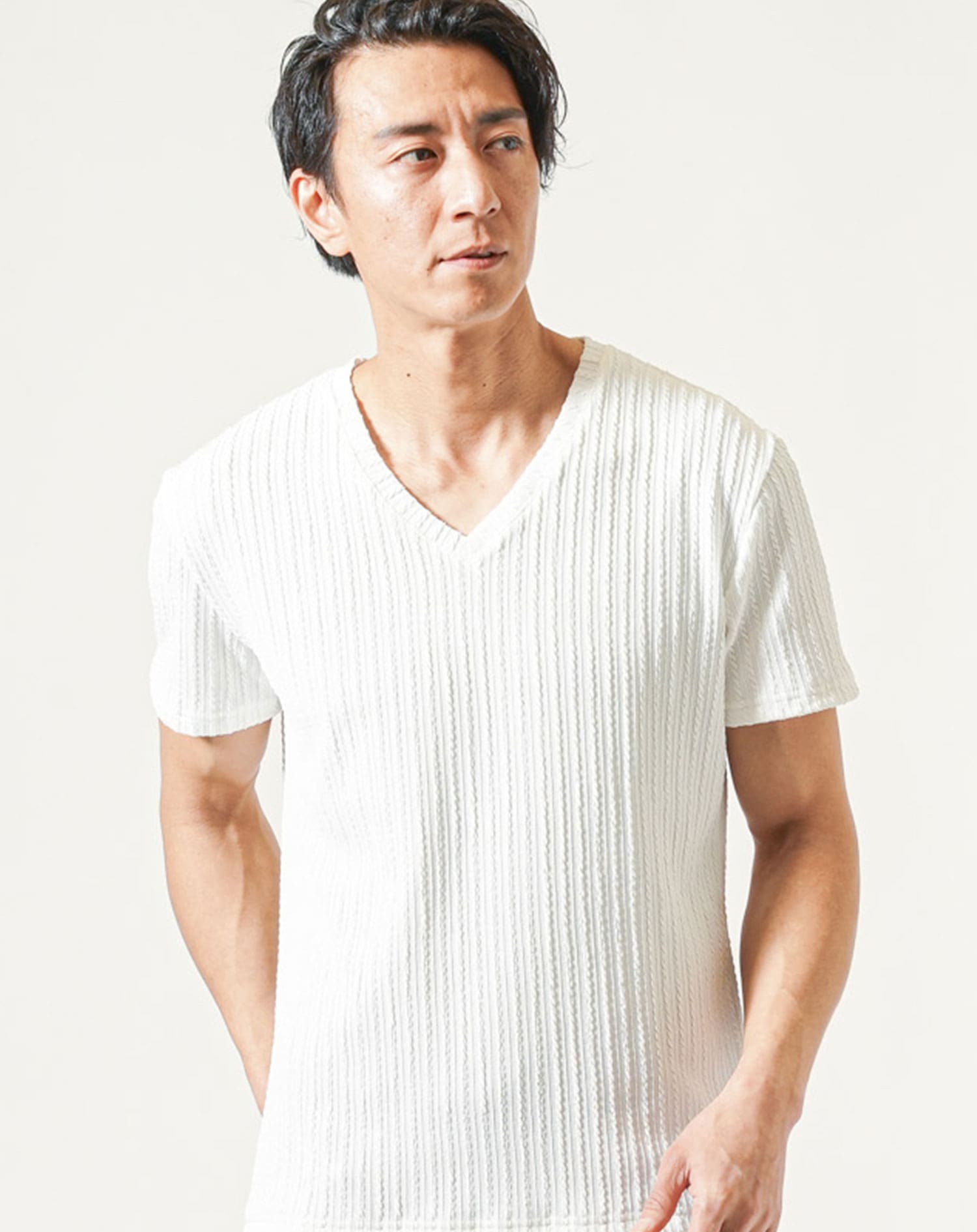 ストライプジャガード半袖スリムストレッチVネックTシャツ