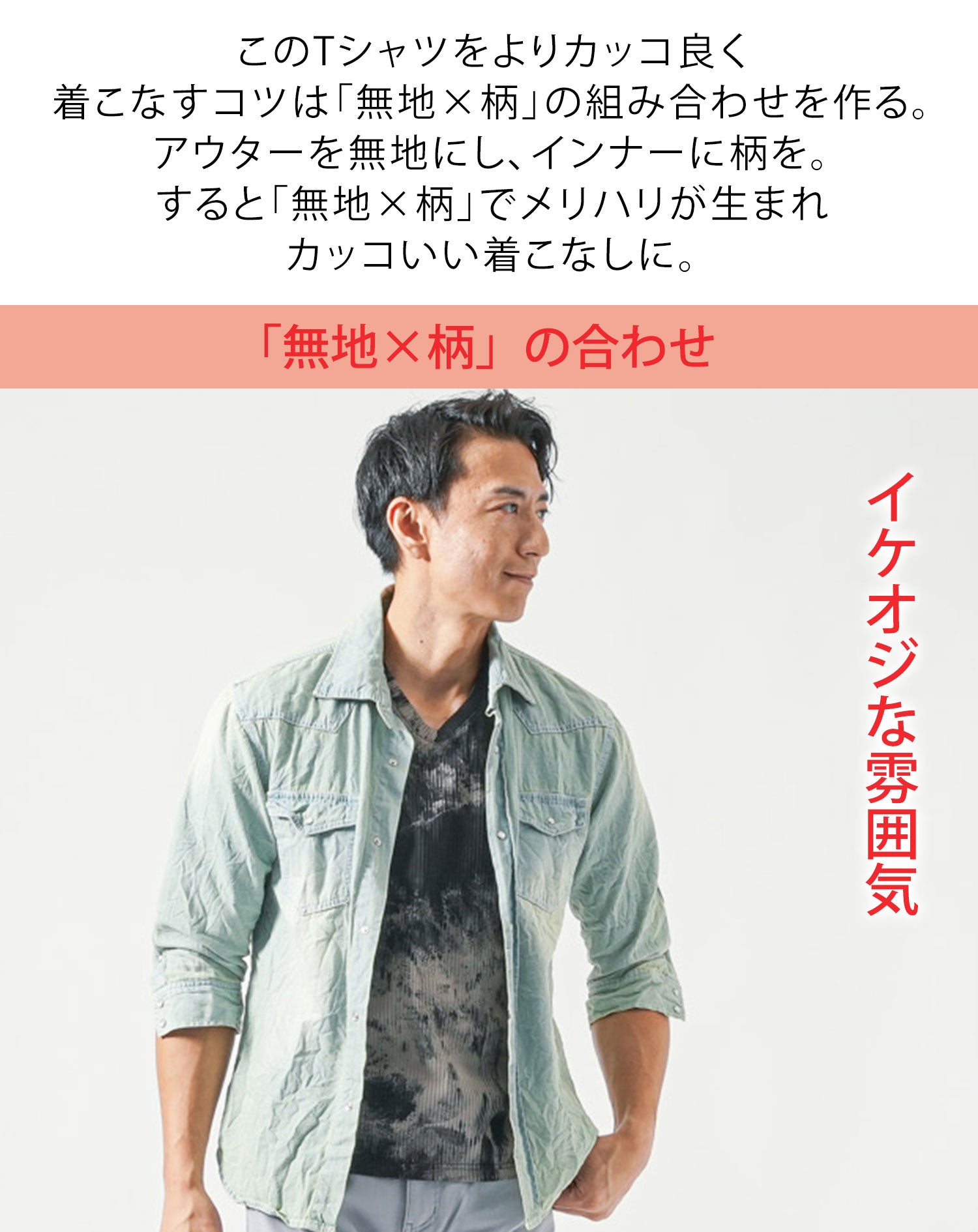 ムラ染めテレコ半袖ストレッチVネックTシャツ