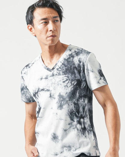 ムラ染めテレコ半袖ストレッチVネックTシャツ