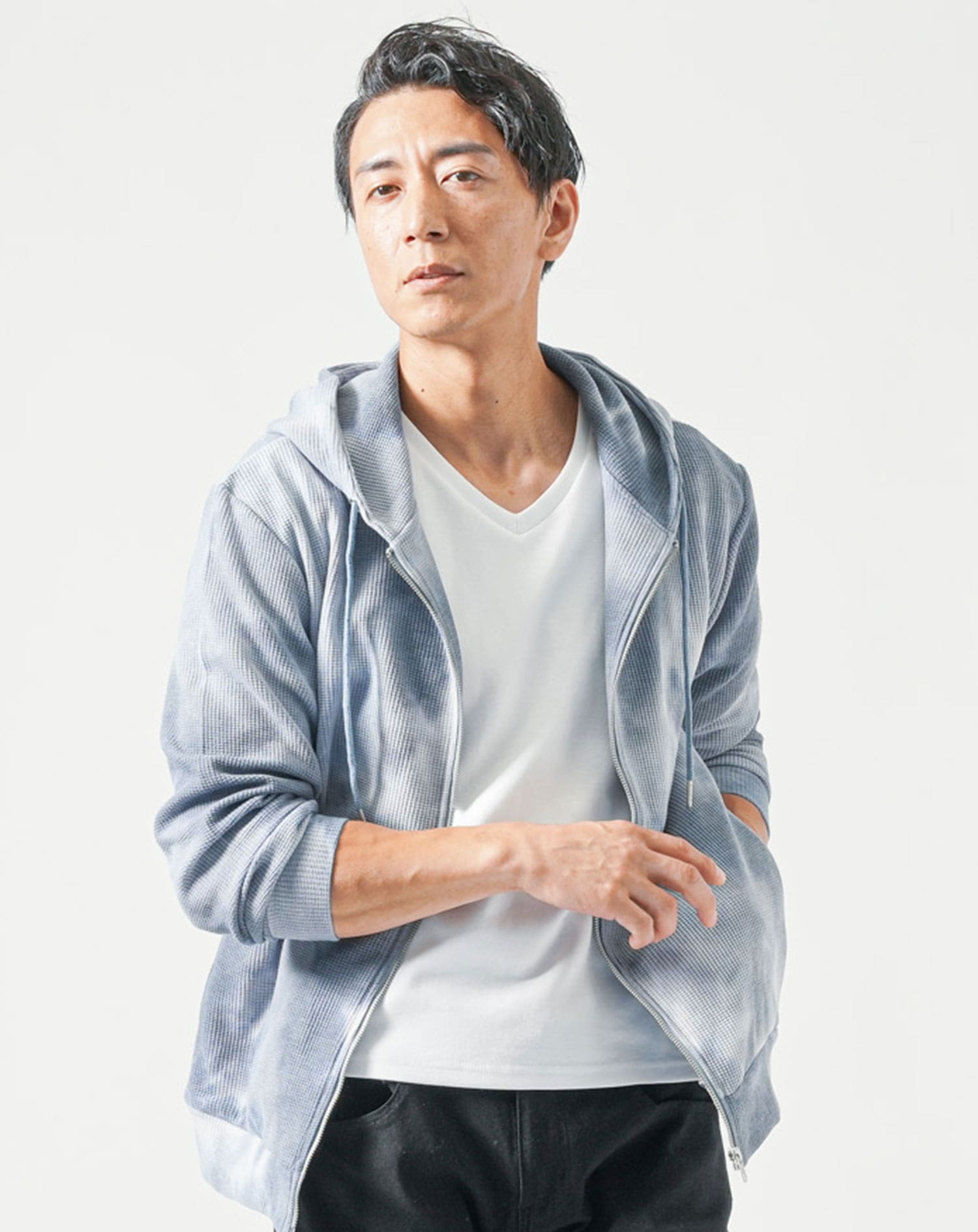 ムラ染めワッフル素材長袖ジップアップパーカー パーカー ジップアップ