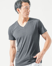 ジャガードストライプ半袖スリムVネックTシャツ