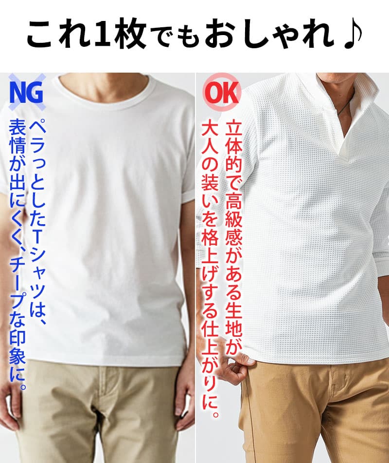 うっすらワッフル柄七分袖ポロシャツ