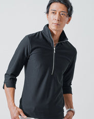 膨れストライプスタンドカラー７分袖ハーフジップポロシャツ