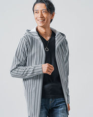 膨れストライプ長袖セミロング丈フーディガン