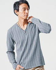 ヘリンボーン編み長袖VネックニットTシャツ