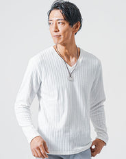 ヘリンボーン編み長袖VネックニットTシャツ