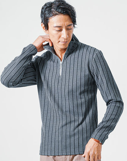 膨れストライプ長袖ハーフジップポロシャツ