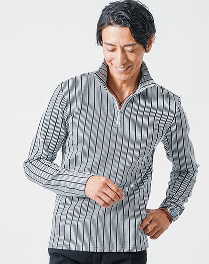 膨れストライプ長袖ハーフジップポロシャツ