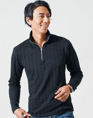 膨れヘリンボーン長袖ハーフジップポロシャツ