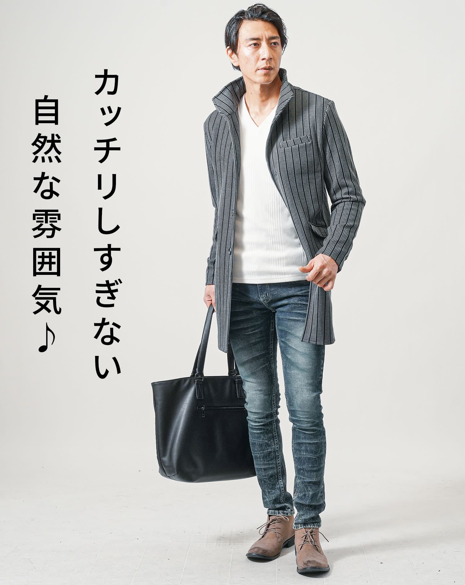 膨れストライプワイヤー入り長袖イタリアンスタンドカラースプリングコート