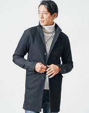 膨れストライプワイヤー入り長袖イタリアンスタンドカラーセミロングコート