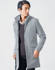 膨れストライプワイヤー入り長袖イタリアンスタンドカラーセミロングコート