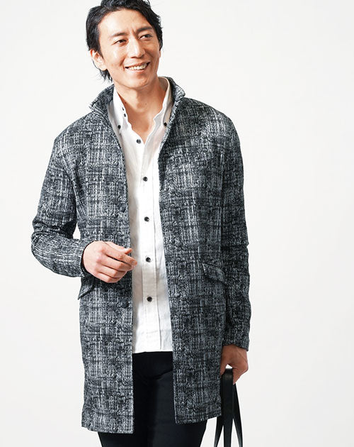 かすれチェックワイヤー入りイタリアンスタンドカラーセミロングコート