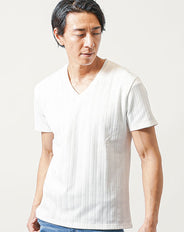 膨れヘリンボーン半袖ストレッチVネックTシャツ