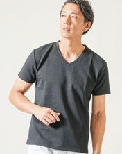 黒ワッフル編み半袖VネックTシャツ