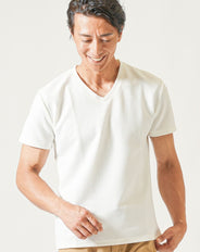 膨れワッフル編み半袖VネックTシャツ