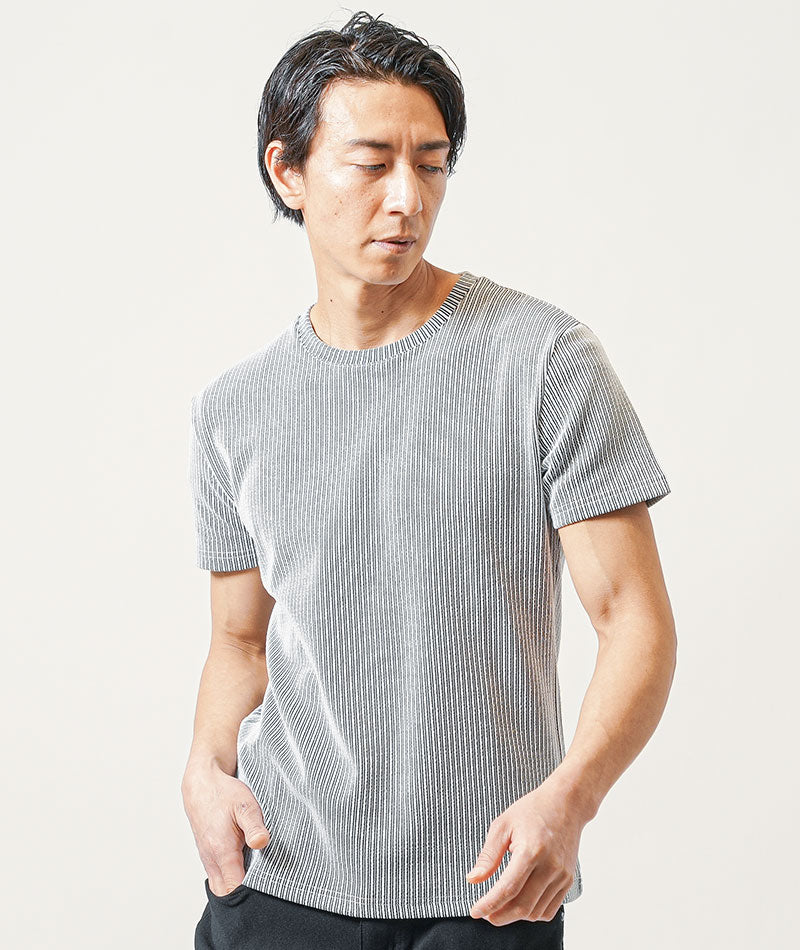 膨れストライプクルーネック半袖ストレッチTシャツ