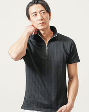 膨れヘリンボーンハーフジップスタンドカラー半袖ポロシャツ