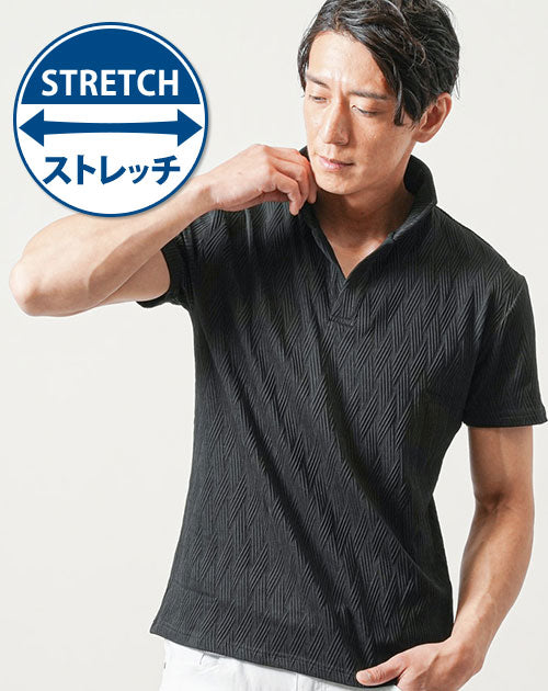 膨れヘリンボーンワイヤー入りイタリアンスタンドカラースキッパー半袖ストレッチポロシャツ