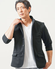 ワッフルジャガードワイヤー入りイタリアンスタンドカラー7分袖ジャケット