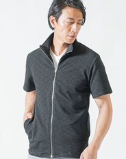 ブロックダイヤ柄ジップアップ半袖ブルゾンジャケット