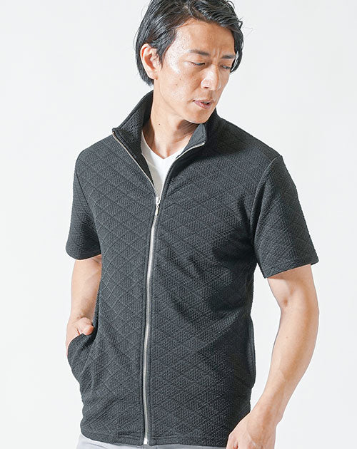ブロックダイヤ柄ジップアップ半袖ブルゾンジャケット