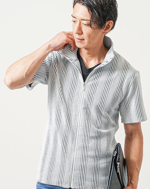 膨れストライプストレッチ半袖ブルゾンジャケット