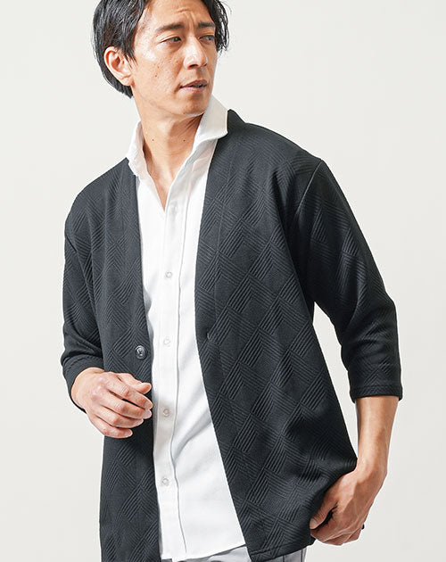 50代メンズにおすすめの膨れジャガード7分袖ノーカラーカーディガン