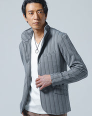 ストライプヘリンボーン襟ワイヤー入りイタリアンスタンドカラー長袖ジャケット